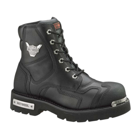 Black leather boot with laces on a white background