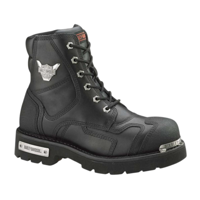 Black leather boot with laces on a white background