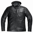 Black leather jacket with a hood on a white background