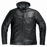 Black leather jacket with a hood on a white background