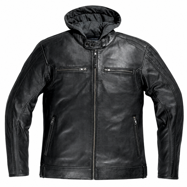 Black leather jacket with a hood on a white background