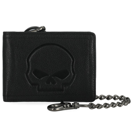Harley-Davidson Men's Embossed Willie G Skull Genuine Leather Billfold Chain Wallet - Black