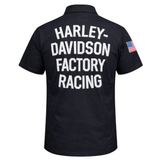 Black shirt with 'Harley-Davidson Factory Racing' text on the back, featuring an American flag patch.