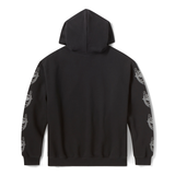 Black hoodie with white graphic designs on sleeves against a white background