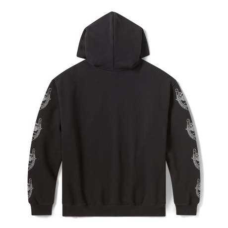 Black hoodie with white graphic designs on sleeves against a white background