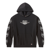 Black hoodie with Dickies logo and branding on a white background
