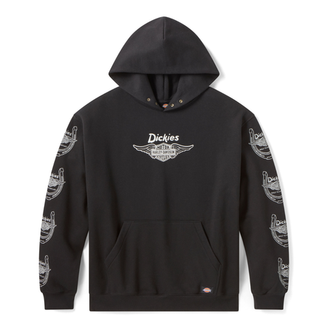 Black hoodie with Dickies logo and branding on a white background