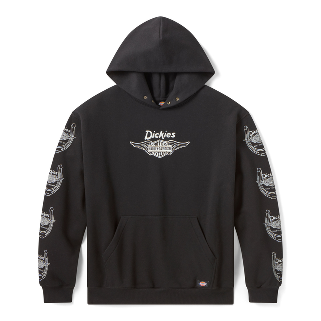 Black hoodie with Dickies logo and branding on a white background