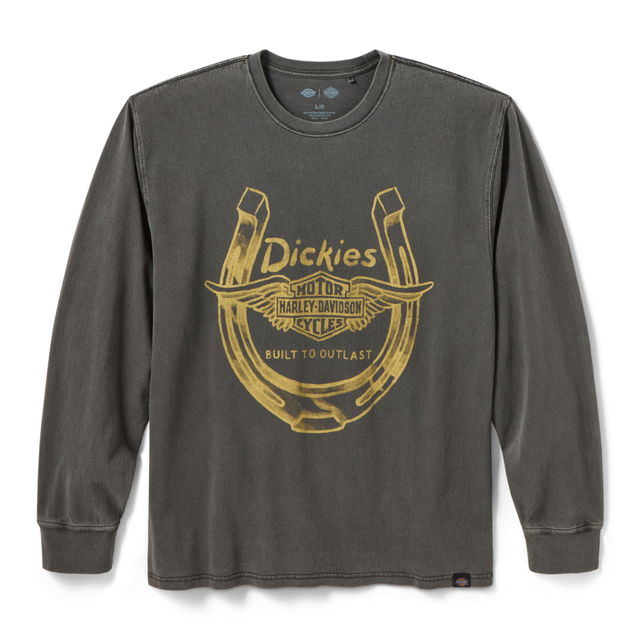 Gray long-sleeve shirt with yellow graphic and 'Dickies' branding on a white background