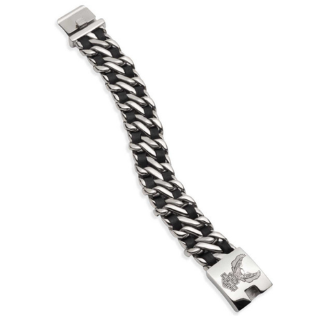 Harley-Davidson Men's B&S Flying Eagle Leather Stainless Steel Bracelet