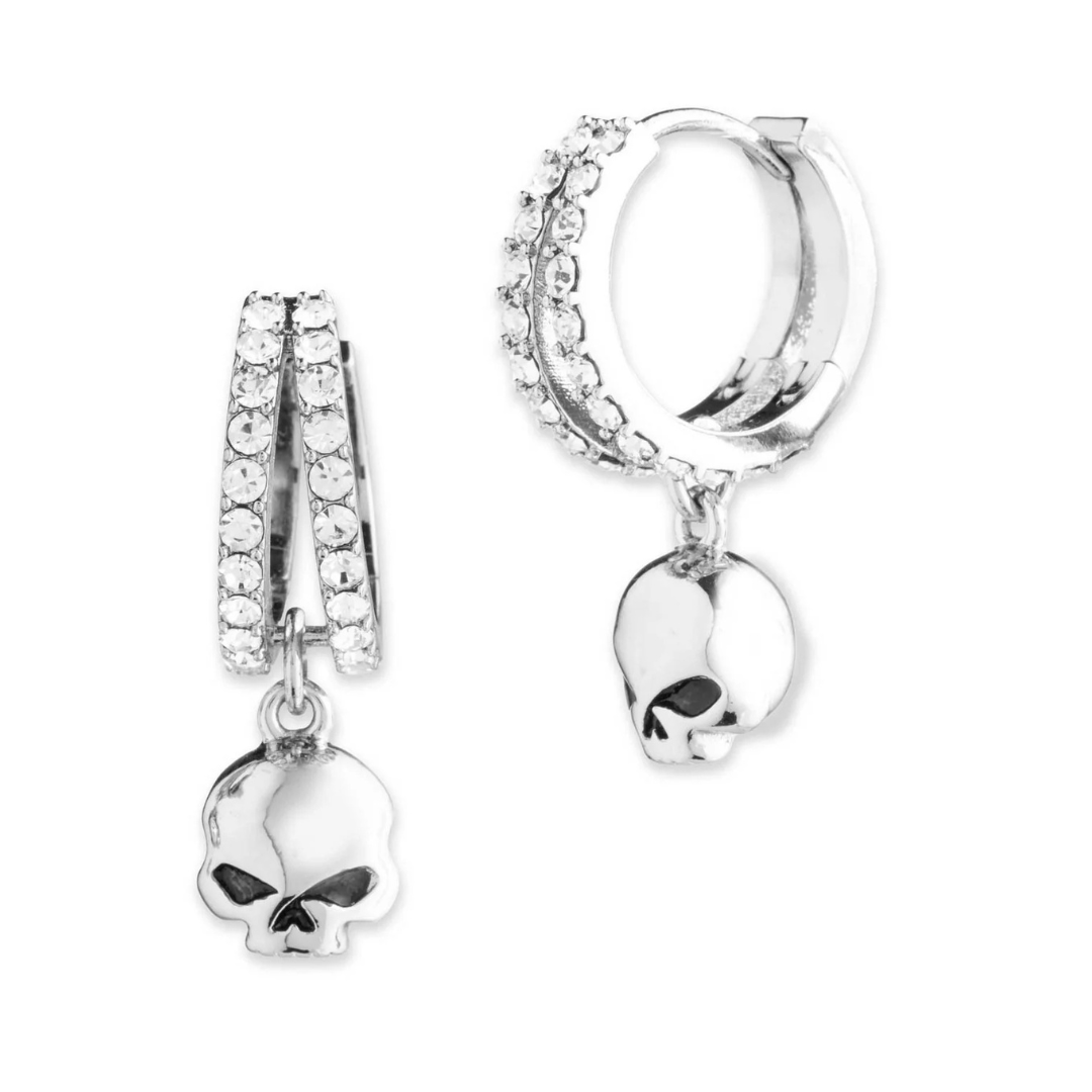 Harley-Davidson Women's Willie G Skull Double Pave Crystal Hoop Earrings - Silver
