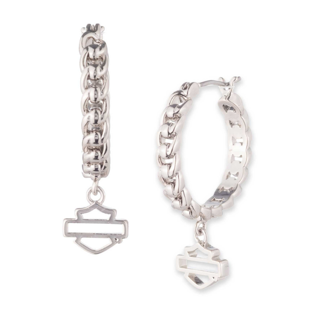 Harley-Davidson Women's Bar & Shield Drop Chain Hoop Earrings - Silver Brass