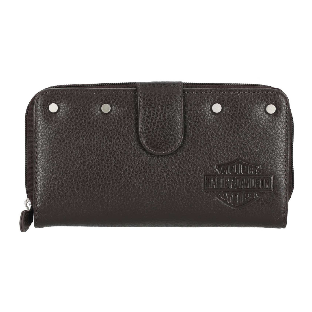 Harley-Davidson Women's Core Stud B&S Leather Tab Clutch Wallet- Dark Brown