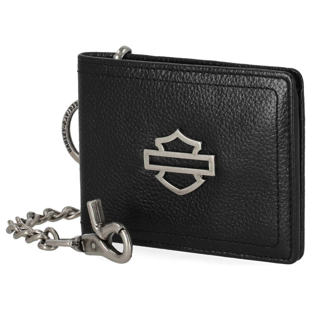 Harley-Davidson Men's Open B&S Slimfold Biker Chain Leather Wallet - Black