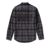 Plaid shirt with 'Harley Davidson Motorcycles' text on the back against a white background